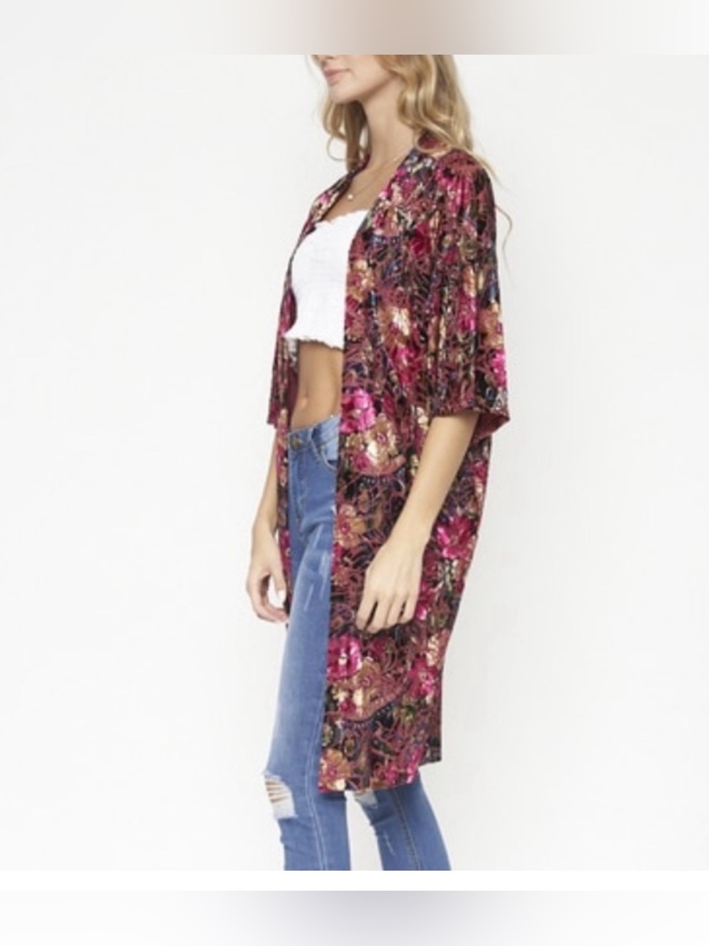 Sans Souci Pink Floral Velvet Feel Kimono Cardigan Size Small Boho Whimsigoth - Picture 5 of 9